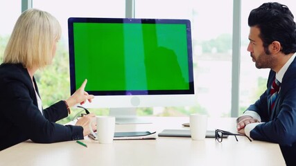 Poster - business people in the conference room with green screen chroma key tv or computer on the office tab