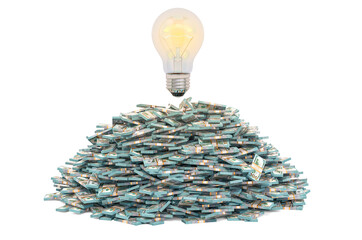 Poster - Light bulb on the heap of dollar packs, 3D rendering
