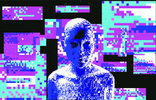 Artificial Human With Halo In Fluorescent Ultraviolet Light. Pixel Art Illustration.
