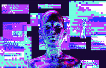 Aufkleber - Artificial human on glitched background. Pixel art illustration.