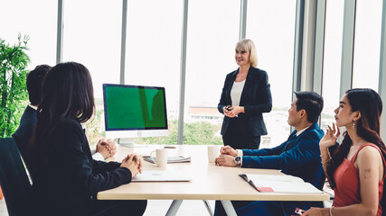Poster - business people in the conference room with green screen chroma key tv or computer on the office tab