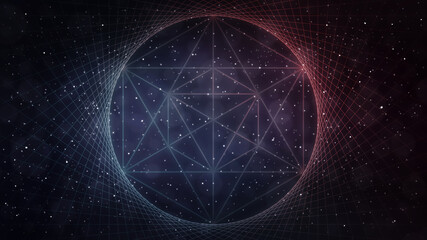 Wall Mural - Blue and coral orange-red sacred geometry, space vortex background - abstract, line art, circle & hexagon