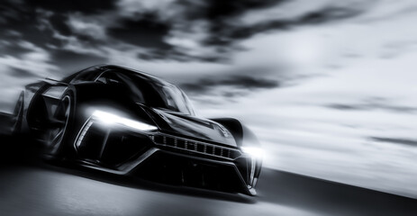 Wall Mural - Closeup of futuristic sports car on dramatic cloudy environment - black and white (3D Illustration)