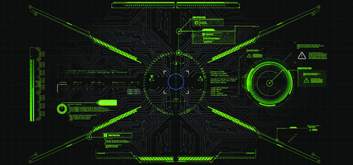 Poster - Modern illustration for game background design Futuristic HUD, GUI interface screen design. Virtual reality. Futuristic VR Head-up Display Design. Sci-Fi Helmet HUD. Future Technology. Hi tech design