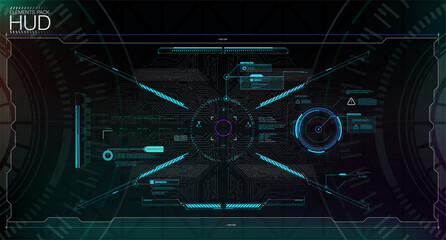 Poster - Modern illustration for game background design Futuristic HUD, GUI interface screen design. Virtual reality. Futuristic VR Head-up Display Design. Sci-Fi Helmet HUD. Future Technology. Hi tech design