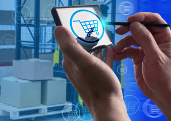 Poster - Making purchases via the mobile app. A person makes purchases using a smartphone. Internet commerce. E-commerce. Online store. Convenient ordering of products.