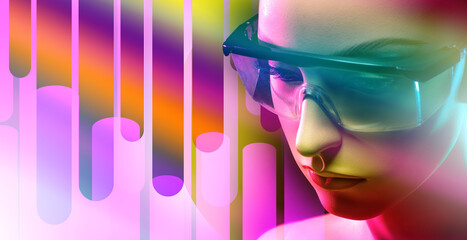 Poster - The face of a mannequin in safety glasses. Portrait of a female robot. Cyborg. Mannequin on a brown background.