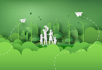 illustration of eco and world environment day with happy family.paper art style.