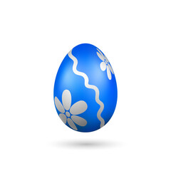 Sticker - Easter egg 3D icon. Blue silver egg, isolated white background. Bright realistic design, decoration for Happy Easter celebration. Holiday element. Shiny pattern. Spring symbol. Vector illustration