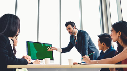 Poster - business people in the conference room with green screen chroma key tv or computer on the office tab