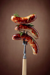 Wall Mural - Hot sausages on a fork sprinkled with rosemary.