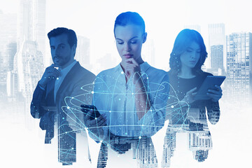 Poster - Business team in city, network interface