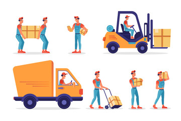 Wall Mural - Warehouse workers with parcels boxes, delivery and shipping, vector flat isolated icons. Logistics and shipment process, workers carrying parcels, forklift truck loading or unloading to delivery car