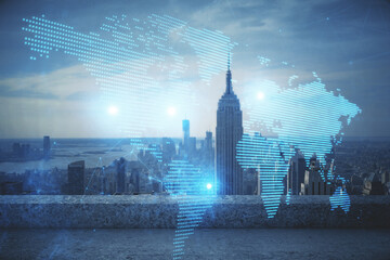 Poster - Double exposure of social network theme drawing and cityscape background. Concept of people connecton.