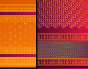 Indian Pattu Sari Vector pattern set. Traditional handmade Indian silk sari /saree with golden details, woman wear on festival, ceremony, and weddings.