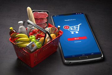 Aufkleber - Shopping basket with fresh food and smartphone or mobile. Grocery supermarket, food and eats online buying and delivery concept.