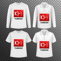 Set of different male shirts with Turkish flag screen on shirts isolated