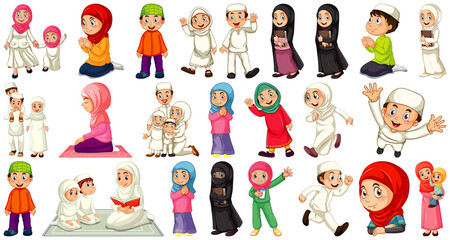 Set of different muslim people cartoon character isolated on white background