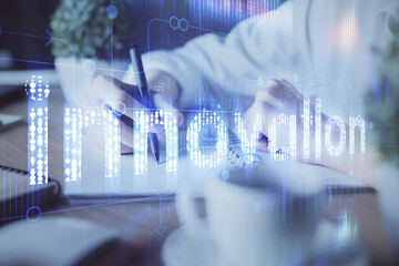 double exposure of woman's hands on background with technology and digital coding icons. data develo