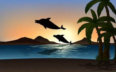 Wall Mural - dolphin in nature scene silhouette