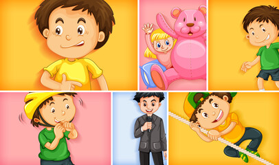 Set of different kid characters on different color background