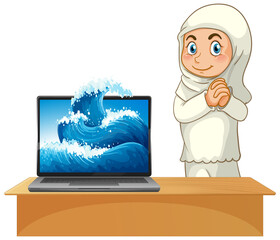 Sticker - Muslim girl next to computer on white background