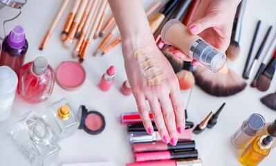 Wall Mural - The collection of make up products displayed on the table