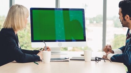 Poster - business people in the conference room with green screen chroma key tv or computer on the office tab