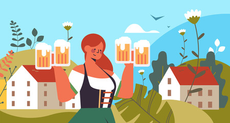 Wall Mural - waitress holding beer mugs Oktoberfest party celebration concept woman wearing german traditional clothes landscape background portrait horizontal vector illustration