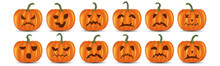 Set Of Funny Faces Of Halloween Pumpkins. Autumn Holidays. Vector Illustration.