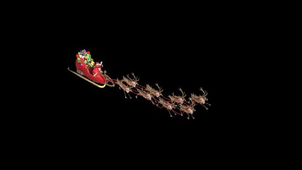 santa sleigh flies front alpha matte christmas reindeer night 3d rendering animation 4k