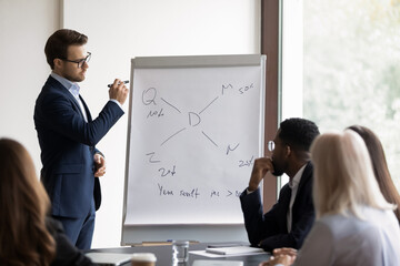 Poster - Successful young Caucasian male team leader or coach make flip chart presentation for colleagues at meeting. Businessman or trainer talk present business project on whiteboard at office briefing.