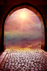 Wall Mural - beautiful gate with magic sky and divine angel light star like spiritual, religious, divine and ange