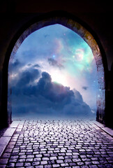 Wall Mural - beautiful gate with blue universe, stars, cloudy sky and mystical light like angel, divine, spiritua