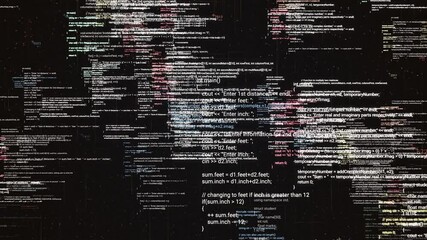 Poster - Abstract digital source code of a computer program on virtual display. Animation. Statistics recording and data processing over black background, seamless loop.