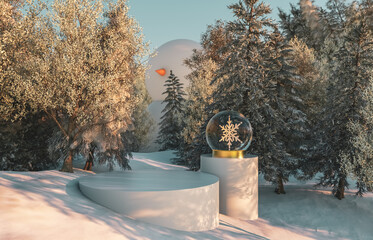 Poster - Abstract winter forest scene. Christmas holiday background. 3d render.