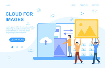 Poster - Concept of saving images to the cloud with workers carrying a photo to be shared over multiple digital devices behind, colored vector illustration web page template
