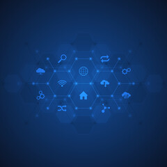 Poster - Technology background with flat icons and symbols. Concept and idea for internet of things, communication, network, innovation technology, system integration. Vector illustration.