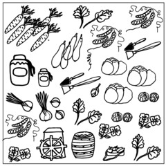 set of autumn vegetables with carrots, eggplant, peas, shovel and hoe, garden tools, jar of jam, cabbage, onion, mill, nuts, flowers, barrel with autumn harvest, bag with autumn harvest, vector illust