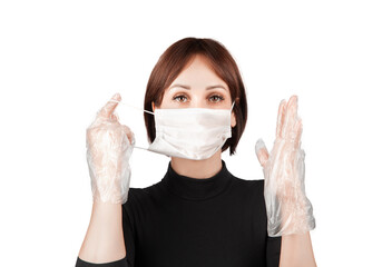 young beautiful woman in protective mask and transparent disposable gloves, isolate on white background