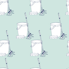 VECTOR ILLUSTRATION CLEANLINESS,BUCKET,MOP AND BRUSH ON A BLUE,SEAMLESS PATTERN