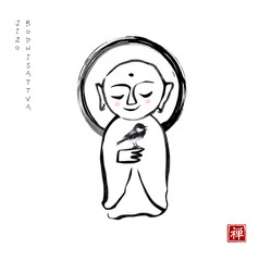 Wall Mural - Jizo boddhisatva and little bird on his hand. Traditional Japanese ink wash painting sumi-e. Ink wash painting with little buddha. Translation of hieroglyph - zen