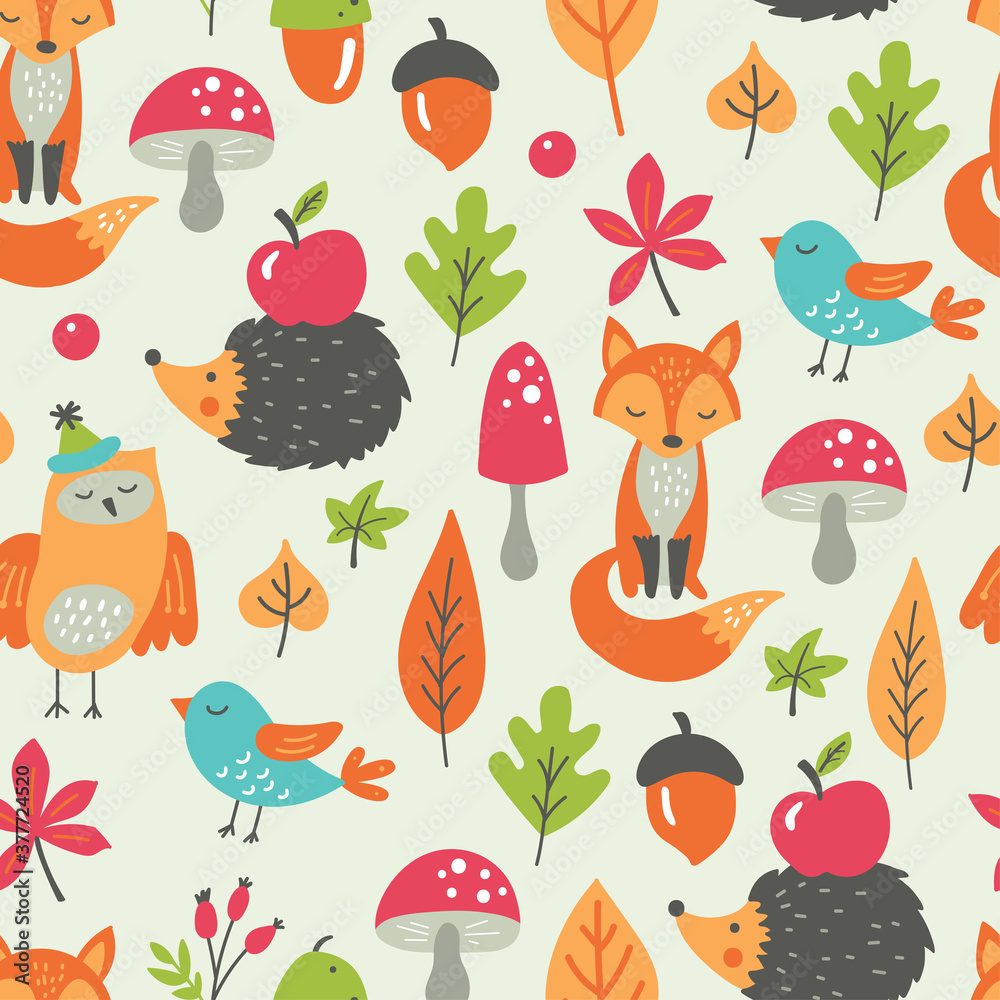 Fall Animal Patterns Seamless pattern for autumn season with forest animals and leaves ...