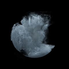Poster - Abstract particles swirling and flowing on black background. Great for overlay or logos. 3D render	Water splashing in a sphere with motion turbulence. Weather Storm, Dangerous water surge, vortex.