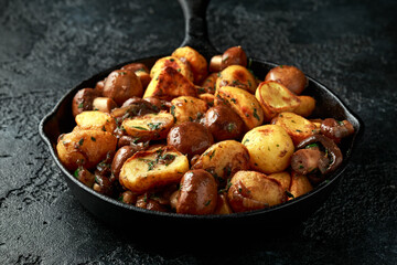 Wall Mural - Baked potato with mushrooms and herbs in iron cast pan