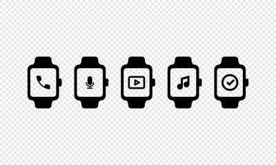 Poster - Smart icon watch with telephone, audio message, game, music and time sign. Sport activity fitness gadget. Vector on isolated transparent background. EPS 10