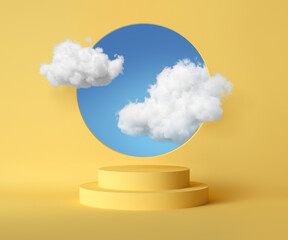 Wall Mural - 3d render, abstract background with blue sky inside the round hole on the yellow wall. White clouds fly through the window above the empty podium. Blank showcase mockup