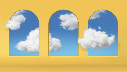 Wall Mural - 3d rendering, abstract background with blue sky inside the arch windows on the yellow wall. White clouds fly inside the room.