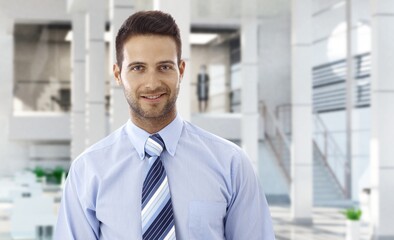 Canvas Print - Portrait of handsome businessman in modern office, smiling.