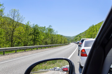 Traffic jam on the Krasnodar - Dzhubga highway due to road works. Vesna, Krasnodar Territory, Russia.